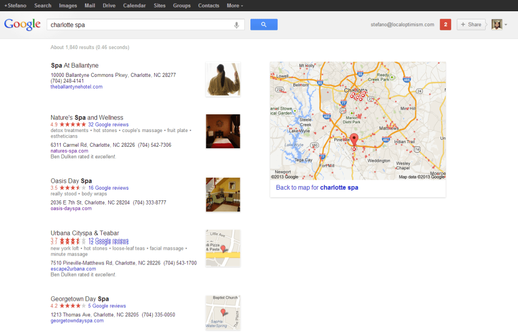 New Google Local search layout - Charlotte Spa - May 2013