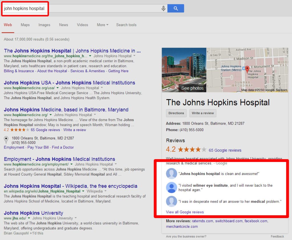 John Hopkins Hospital Review Snippets in Knowledge Graph