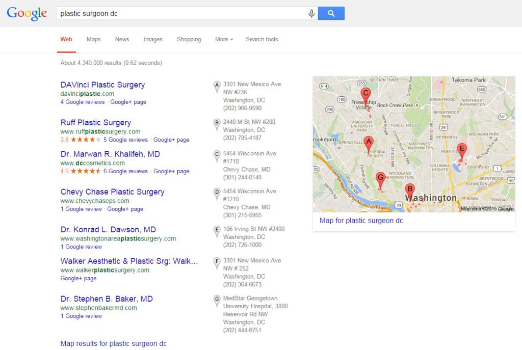 Google search for plastic surgeon dc